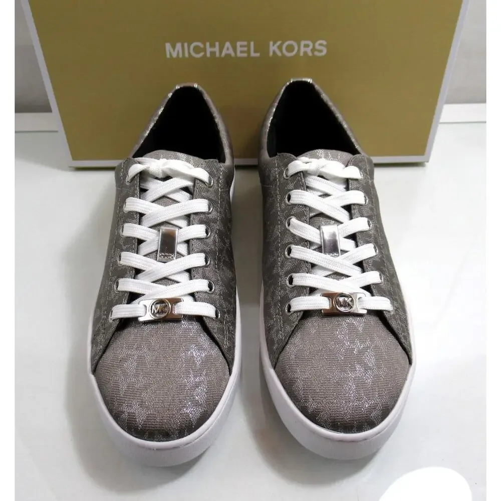 Michael Kors Keaton Lace Up Designer Sneakers MK Logo Silver Size 7.5